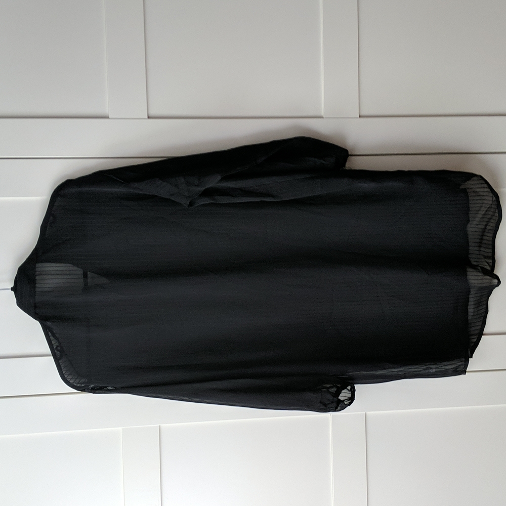 ❄️ 3/$30 Black Sheer Flowy Long Collar Button-Up Blouse Shirt Dress / Duster - Picture 10 of 11